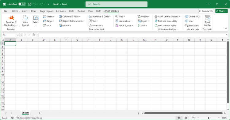 Excel with the ASAP Utilities Add-in in it's menu